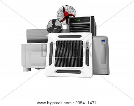 Group Of Office Cooling Equipment Air Conditioning Fan 3d Render On White Background No Shadow