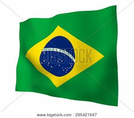 Waving Flag Of Brazil. Ordem E Progresso. Order And Progress. Rio De Janeiro. South America. State S