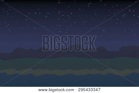 Starry Moonless Sky. Ocean Shore Line With Waves On A Beach. Island Beach Paradise With Waves. Vacat