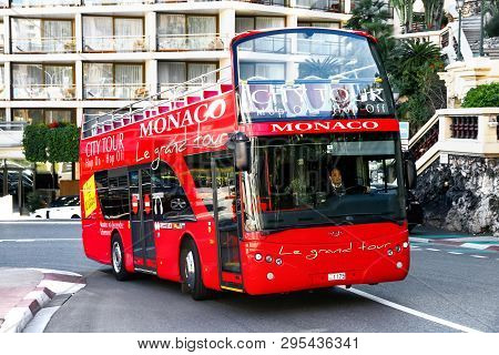 Monte-carlo, Monaco - March 12, 2019: Red Sightseeing Bus Ayats Bravo I In The City Street.