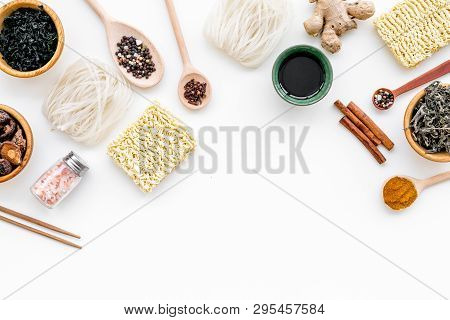 Rice Vermicelli, Noodles, Spices, Weeds Pattern To Cook Chinese, Japanese Food On White Background T