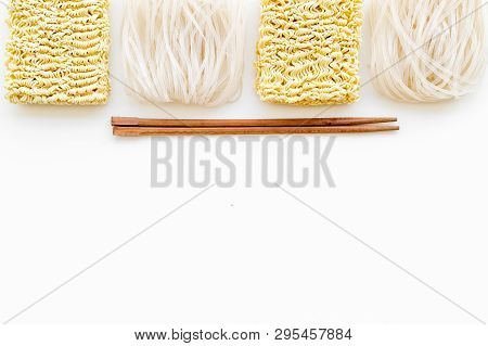 Geometric Design With Chinese, Japanese Products, Noodles, Rice Vermicelli, Sticks On White Backgrou