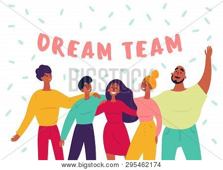 Young Hipster Like Group Of Employee People Stand Together With Raised Hands. Dream Team Text. Great