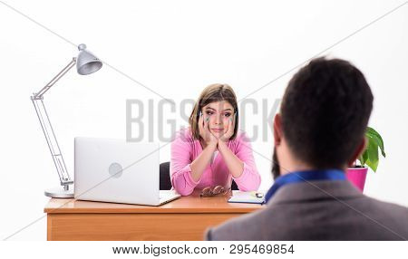 Interview For A Job. Human Resource Manager Conducting Job Interview With Applicant. Pretty Intervie