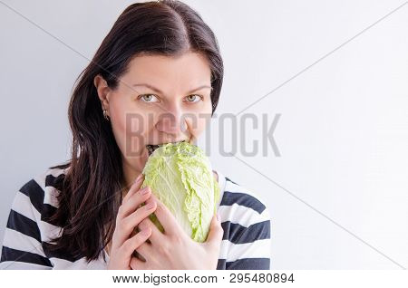 Woman Bites Healthy Vegan Product Fresh Cabbage