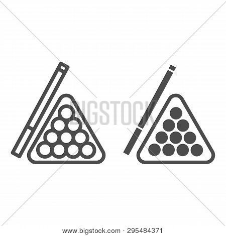 Billiards Line And Glyph Icon. Pool Cue And Balls Vector Illustration Isolated On White. Play Outlin