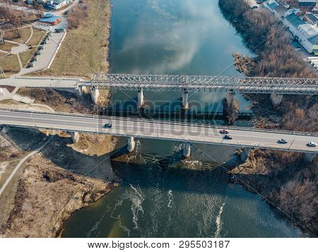 Aerial Drone View Of Bridge Over Bistraya Sosna River In Yelets.