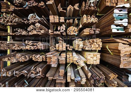 Teak Wook Boards In Carpentry Workshop Of Golden Mount Region In Bangkok, Thailand