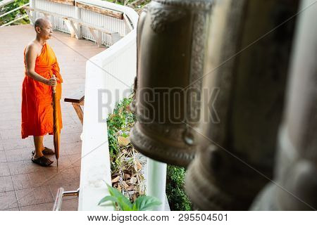 Bangkok, Thailand - March 2019: Buddhist Monk Praying Inside Of Ordination Hall At Wat Arun.