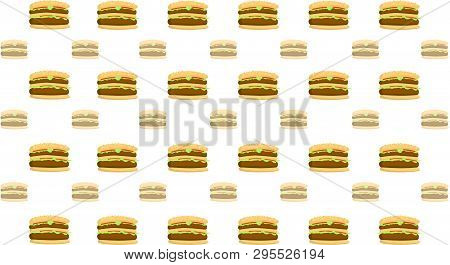 Hamburger Vector Pattern On Beige Background. Big Medium Small Cheeseburgers Pattern. Seamless Patte
