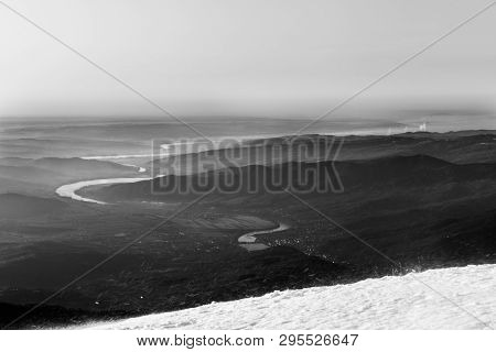 Olt River Panoramic View From Cozia Mountain Black And White