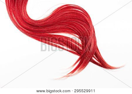 Piece Of Beautiful, Shiny, Red Hair On White Isolated Background.  Modern Hair Color Ideas