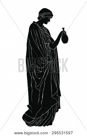 An Ancient Greek Woman In A Tunic Is Standing With A Litle Jug In Her Hand. Vector Image Isolated On