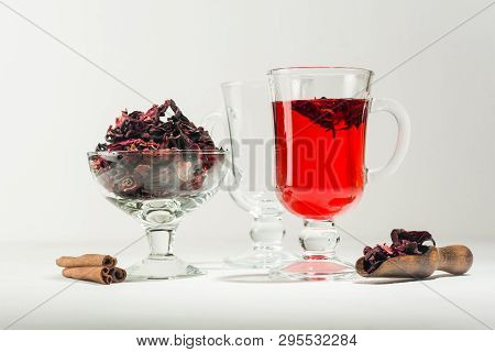 Transparent Glass Cup With Hot Red Tea From Hibiscus Or Hibiscus.