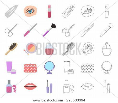 Makeup And Cosmetics Cartoon, Outline Icons In Set Collection For Design. Makeup And Equipment Vecto