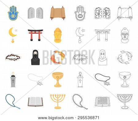 Religion And Belief Cartoon, Outline Icons In Set Collection For Design. Accessories, Prayer Vector 