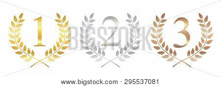 Golden, Silver And Bronze Award Laurel Wreat . Winner Leaf Label,  Symbol Of Victory.  Illustration