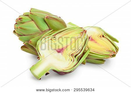 Fresh Artichokes And Half Isolated On White Background Closeup