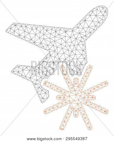 Mesh Aiplane Explosion Polygonal Icon Illustration. Abstract Mesh Lines And Dots Form Triangular Aip