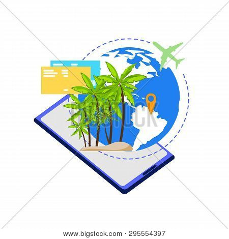 Mobile App For Travelers, Planning Vacation Trip, Booking Tickets Online Flat Vector Concept. Plane 