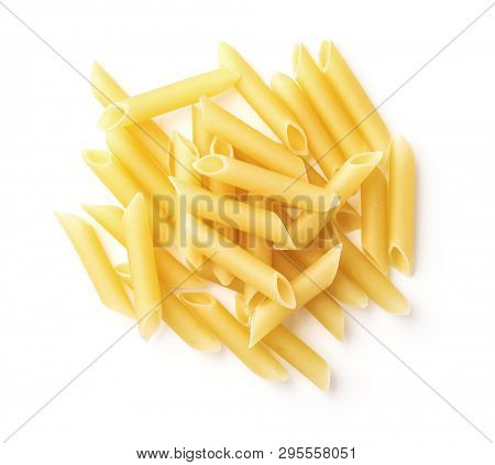 Top view of uncooked penne lisce pasta isolated on white