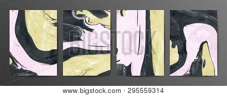 Yellow And Black Mixed Paints Textures Set. Marble Art Abstract Backdrop With Copyspace. Fluid Paint