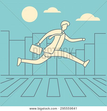 Man Walking Crosswalk In Bisuness Town In Line Style. Man In Suit Running To Office Crossing Street 