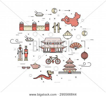 Country China Travel Vacation Guide Of Goods, Places In Thin Lines Style Design. Set Of Architecture