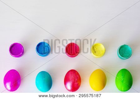 Easter Eggs Multicolored Isolated On White Background. Minimal Easter Concept. Happy Easter Card Wit