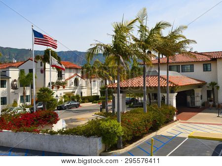 SANTA BARBARA, CALIFORNIA - APRIL 11, 2019: Hyatt Centric Hotel is across from East Beach, built  in the 1930s Spanish Colonial style, only 1 mile from Stearns Wharf.