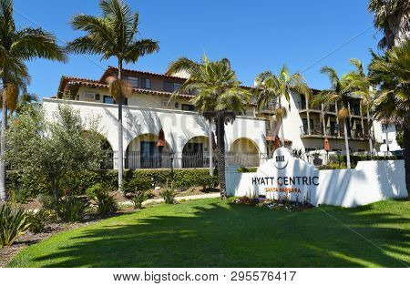 SANTA BARBARA, CALIFORNIA - APRIL 11, 2019: Hyatt Centric Hotel is across from East Beach, built  in the 1930s Spanish Colonial style, only 1 mile from Stearns Wharf.