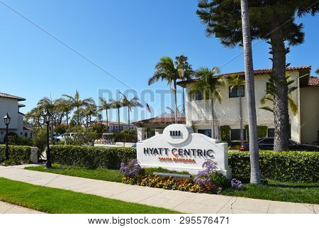SANTA BARBARA, CALIFORNIA - APRIL 11, 2019: Hyatt Centric Hotel is across from East Beach, built  in the 1930s Spanish Colonial style, only 1 mile from Stearns Wharf.