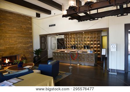 SANTA BARBARA, CALIFORNIA - APRIL 11, 2019: Reception / Lobby at the Hyatt Centric Hotel. Across from East Beach, built  in the 1930s Spanish Colonial style, only 1 mile from Stearns Wharf.