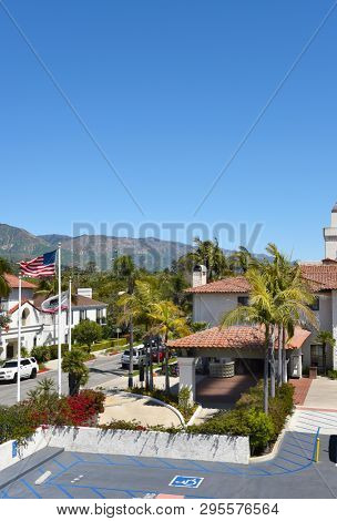 SANTA BARBARA, CALIFORNIA - APRIL 11, 2019: Hyatt Centric Hotel is across from East Beach, built  in the 1930s Spanish Colonial style, only 1 mile from Stearns Wharf.