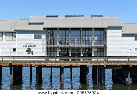SANTA BARBARA, CALIFORNIA - APRIL 11, 2019: The Santa Barbara Museum of Natural History Sea Center is located on Stearns Wharf.