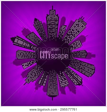 Round Urban Night Cityscape Panorama In Orange. Vector Illustration.