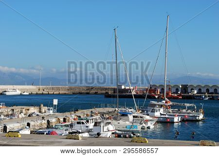 Tarifa, Spain - September 14, 2008 - View Of Boats In The Harbour With Views Towards The Moroccan Co