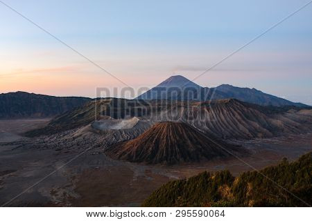 The Scenery Of Mount Bromo, Batok, Semeru, And Sand Plain Made Of Volcanic Ash In The Tengger Calder