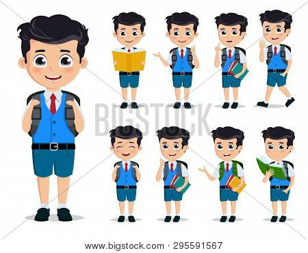 School Kids Vector Characters Set. Young Student Boy Wearing School Uniform And Backpack In Various 