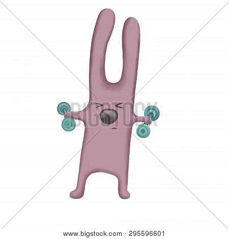 Cartoon Pink Hare Goes In For Sports Raises Dumbbells