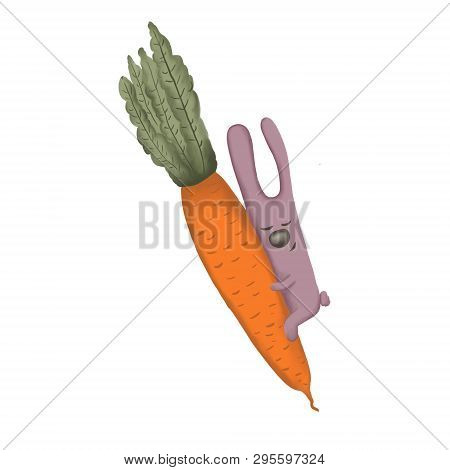 Happy Pink Hare Hugging A Big Carrot