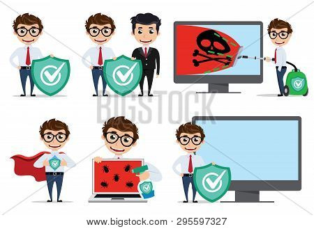 Computer Programmer Vector Character Set. Computer Technician Using Antivirus Application Computers 
