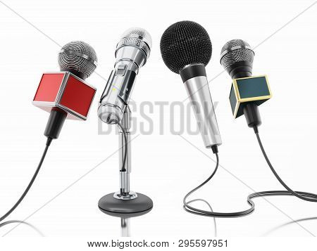 Aligned News Microphones Isolated On White Background. 3d Illustration.