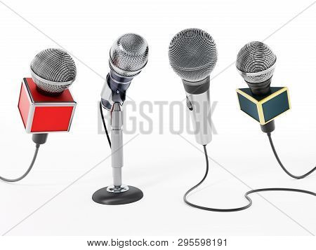 Aligned News Microphones Isolated On White Background. 3d Illustration.