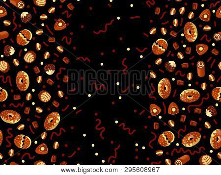 Chocolate Candy Frame Of Choco Candies On Black Background. Chocolate Candy Banner, Top View, Flat L