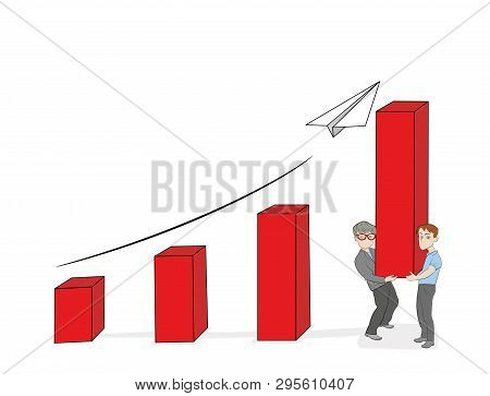 The Men Pick Up The Diagrams. Business Concept, A Person Increases Performance. Vector Illustration.
