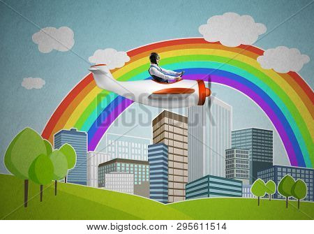 Businessman Flying In Small Propeller Plane Above Metropolis. Aviator Driving Retro Airplane On Back