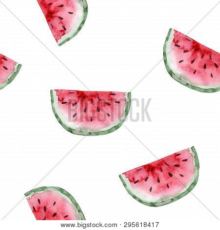 Seamless Pattern. Watercolor Watermelon Fruit. Hand Drawn Summer Illustration. Design For Fabric, Pa
