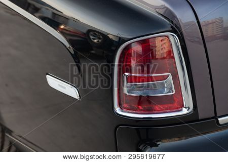 Novosibirsk, Russia - 04.11.2019: Rear Taillamp View Of New A Very Expensive Luxury Rolls Royce Phan