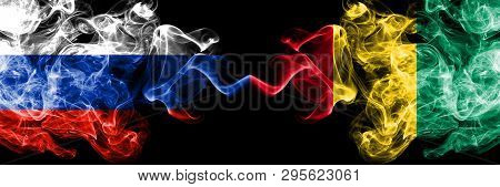 Russian Vs Guinea, Guinean Smoke Flags Placed Side By Side. Thick Colored Silky Smoke Flags Of Russi